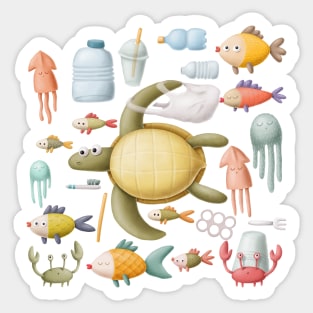 Plastic ocean with turtle and fishes. Sticker